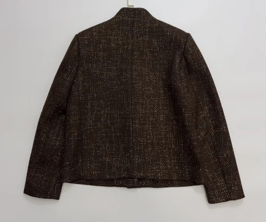 Brown Mélange Stand-Collar Button Jacket in Brown, product view 14
