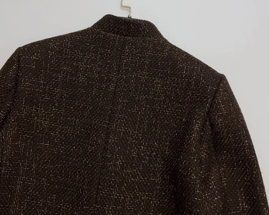 Brown Mélange Stand-Collar Button Jacket in Brown, product view 15