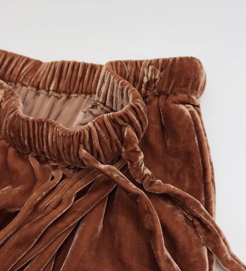 Rust Velvet Drawstring Wide-Leg Trousers in Rust, product view 05