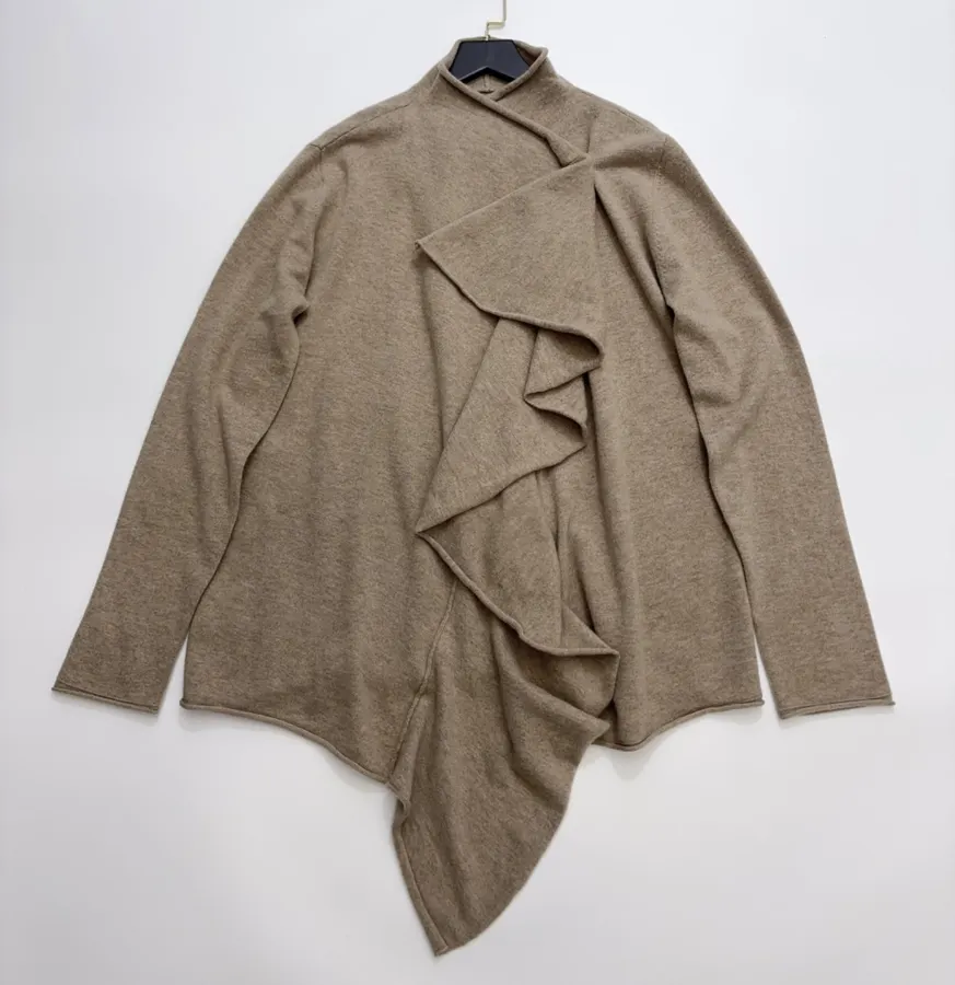 Early Autumn Solid Color Irregular Frilled Hem Wool Knitted Cardigan Jacket in Taupe, product view 01