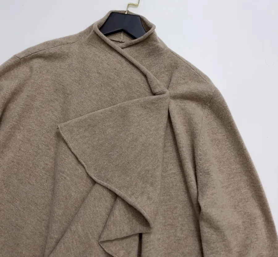 Early Autumn Solid Color Irregular Frilled Hem Wool Knitted Cardigan Jacket in Taupe, product view 02