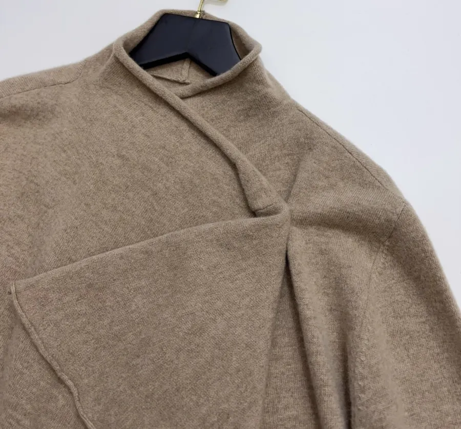 Early Autumn Solid Color Irregular Frilled Hem Wool Knitted Cardigan Jacket in Taupe, product view 03