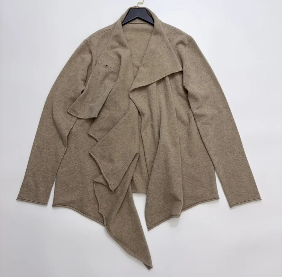 Early Autumn Solid Color Irregular Frilled Hem Wool Knitted Cardigan Jacket in Taupe, product view 14