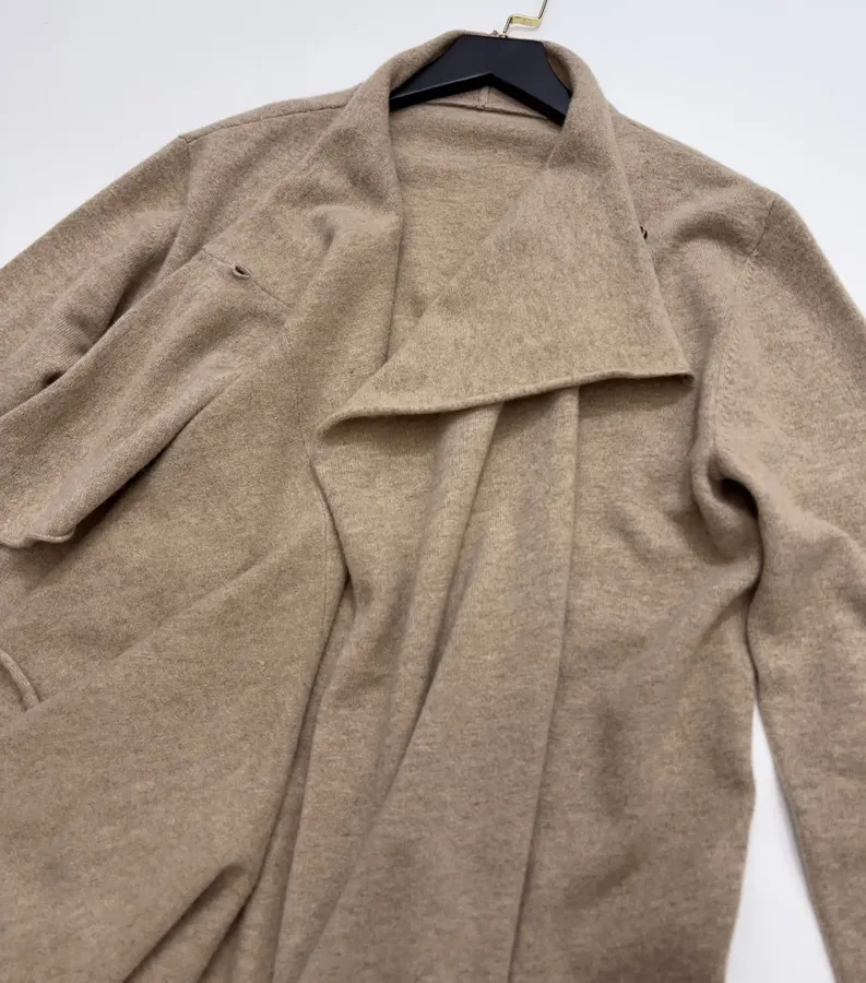 Early Autumn Solid Color Irregular Frilled Hem Wool Knitted Cardigan Jacket in Taupe, product view 15
