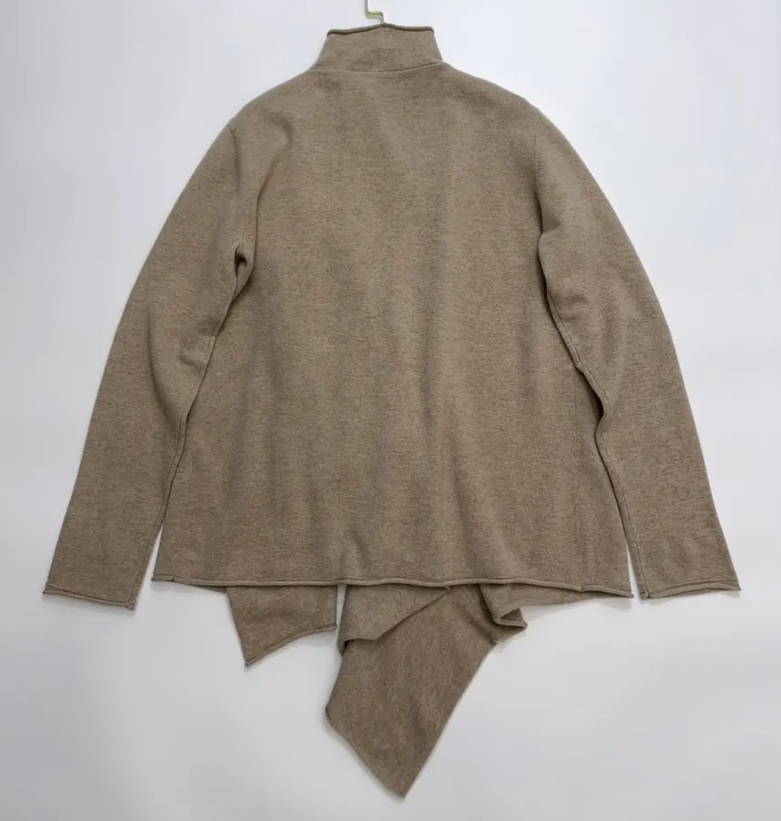 Early Autumn Solid Color Irregular Frilled Hem Wool Knitted Cardigan Jacket in Taupe, product view 16