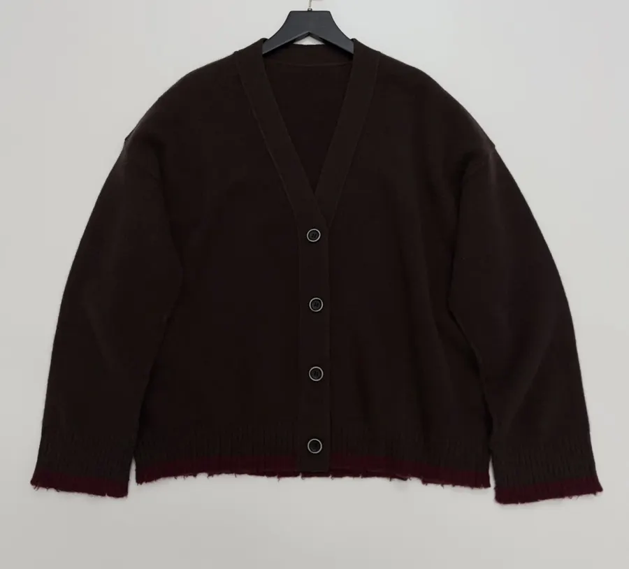 Color-Block Frayed Hem Ribbed V-Neck Open-Front Cashmere-Wool Blend Sweater in Burgundy, product view 02