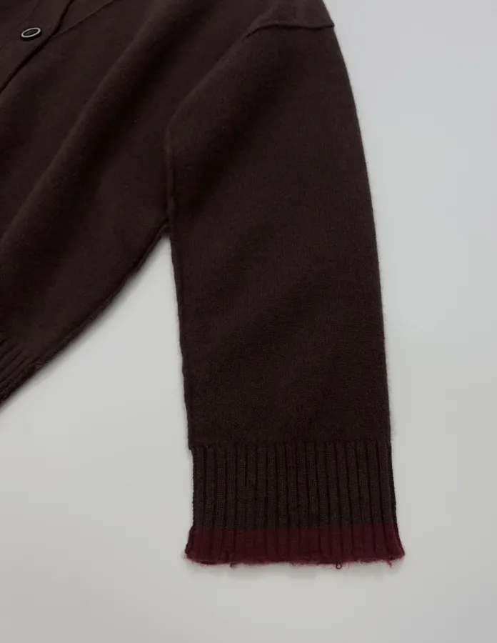 Color-Block Frayed Hem Ribbed V-Neck Open-Front Cashmere-Wool Blend Sweater in Burgundy, product view 05