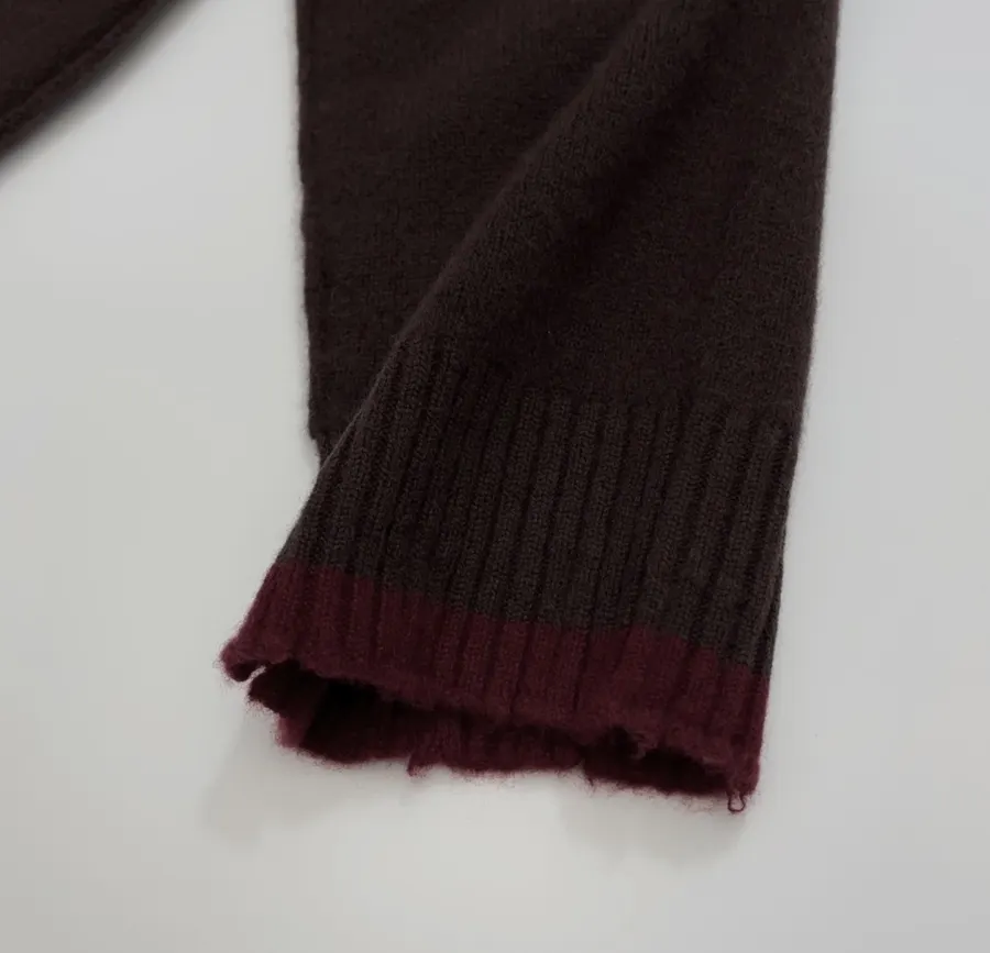 Color-Block Frayed Hem Ribbed V-Neck Open-Front Cashmere-Wool Blend Sweater in Burgundy, product view 06