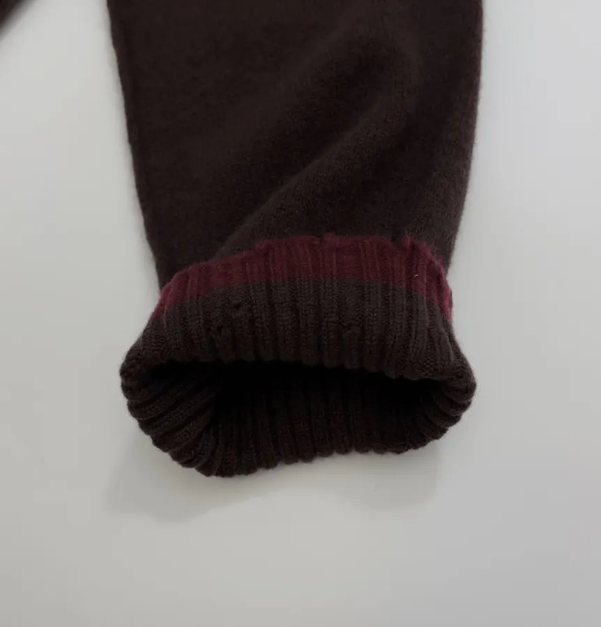 Color-Block Frayed Hem Ribbed V-Neck Open-Front Cashmere-Wool Blend Sweater in Burgundy, product view 07