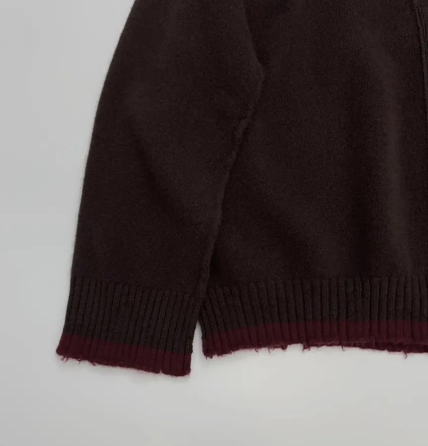 Color-Block Frayed Hem Ribbed V-Neck Open-Front Cashmere-Wool Blend Sweater in Burgundy, product view 08