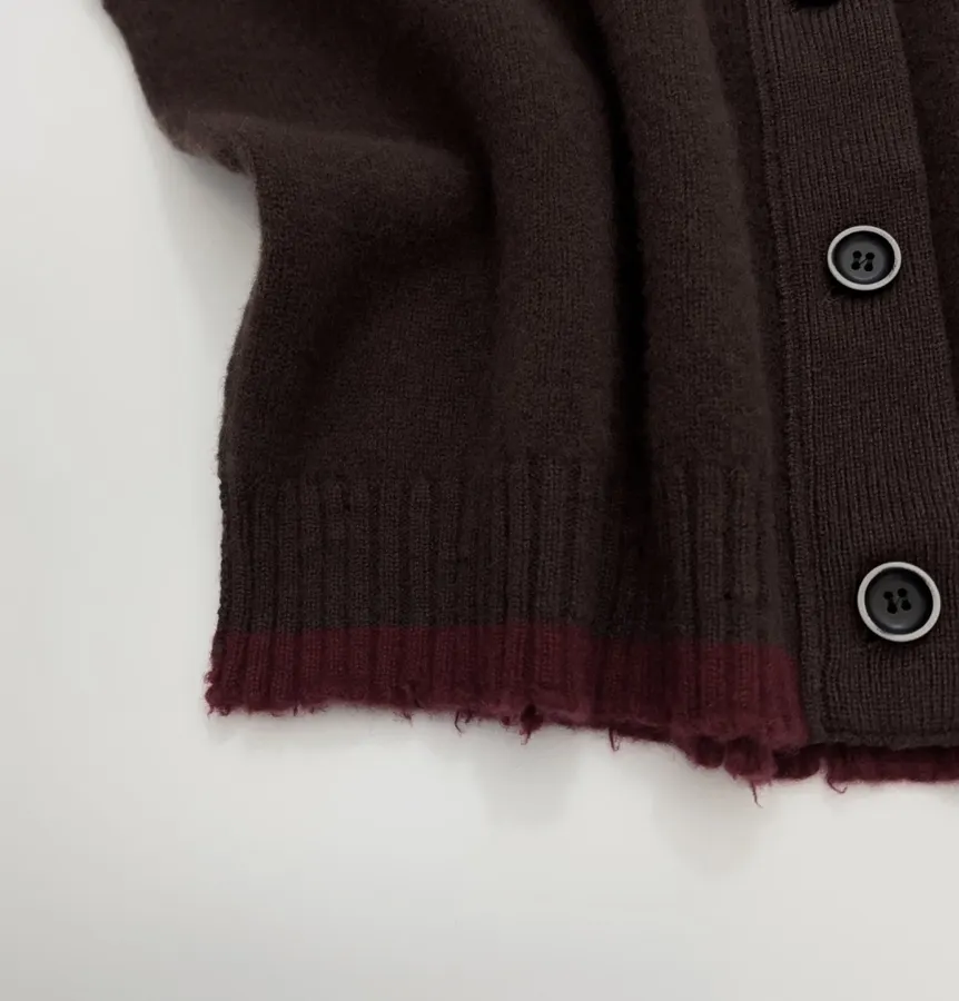 Color-Block Frayed Hem Ribbed V-Neck Open-Front Cashmere-Wool Blend Sweater in Burgundy, product view 09