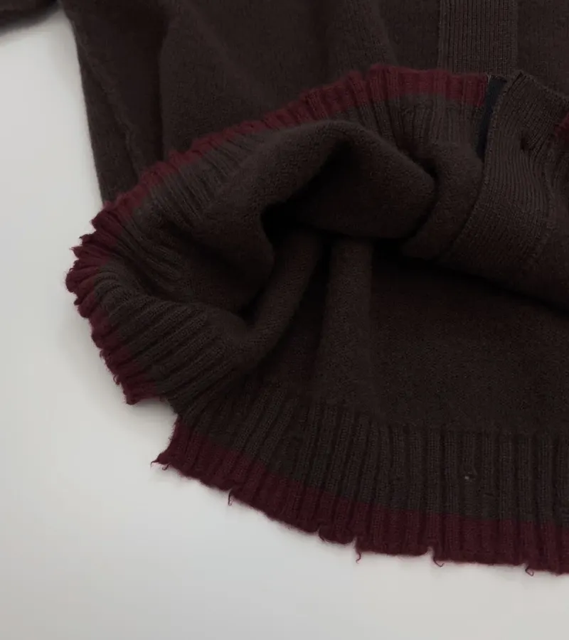 Color-Block Frayed Hem Ribbed V-Neck Open-Front Cashmere-Wool Blend Sweater in Burgundy, product view 10