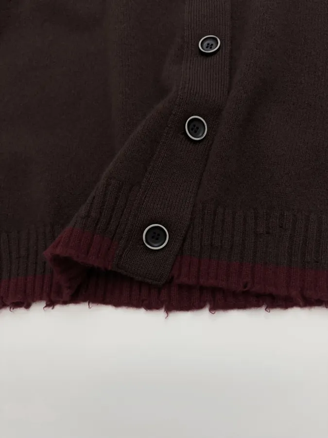 Color-Block Frayed Hem Ribbed V-Neck Open-Front Cashmere-Wool Blend Sweater in Burgundy, product view 11