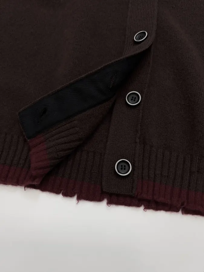 Color-Block Frayed Hem Ribbed V-Neck Open-Front Cashmere-Wool Blend Sweater in Burgundy, product view 12
