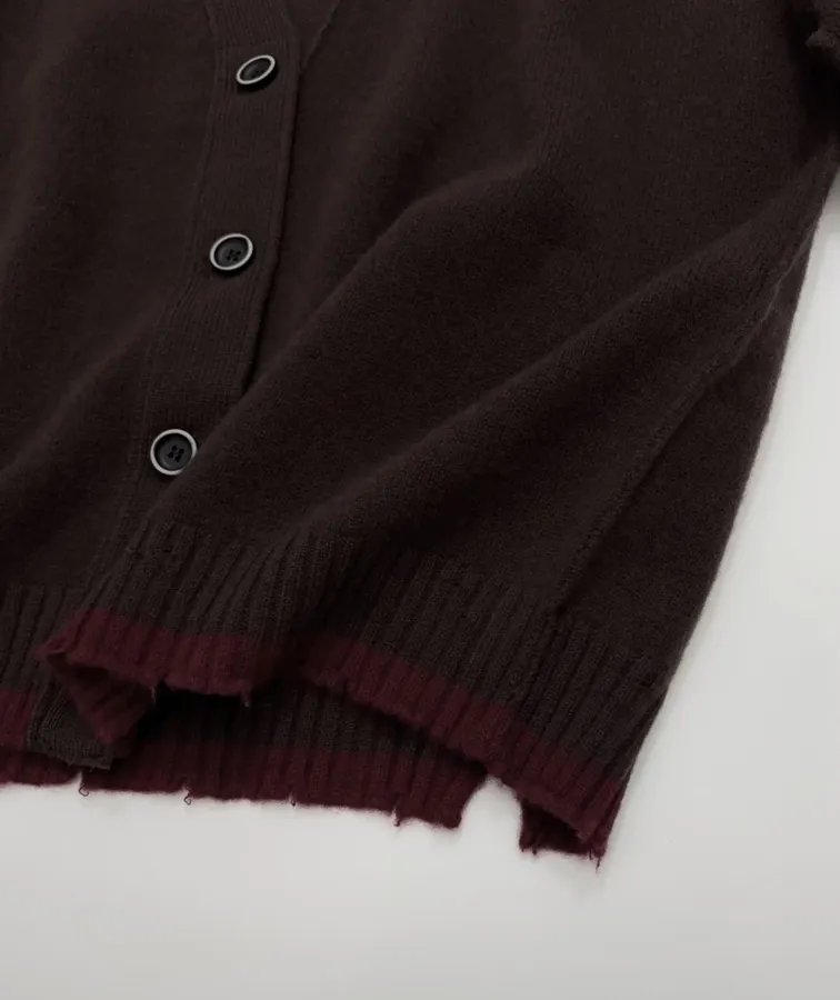 Color-Block Frayed Hem Ribbed V-Neck Open-Front Cashmere-Wool Blend Sweater in Burgundy, product view 13