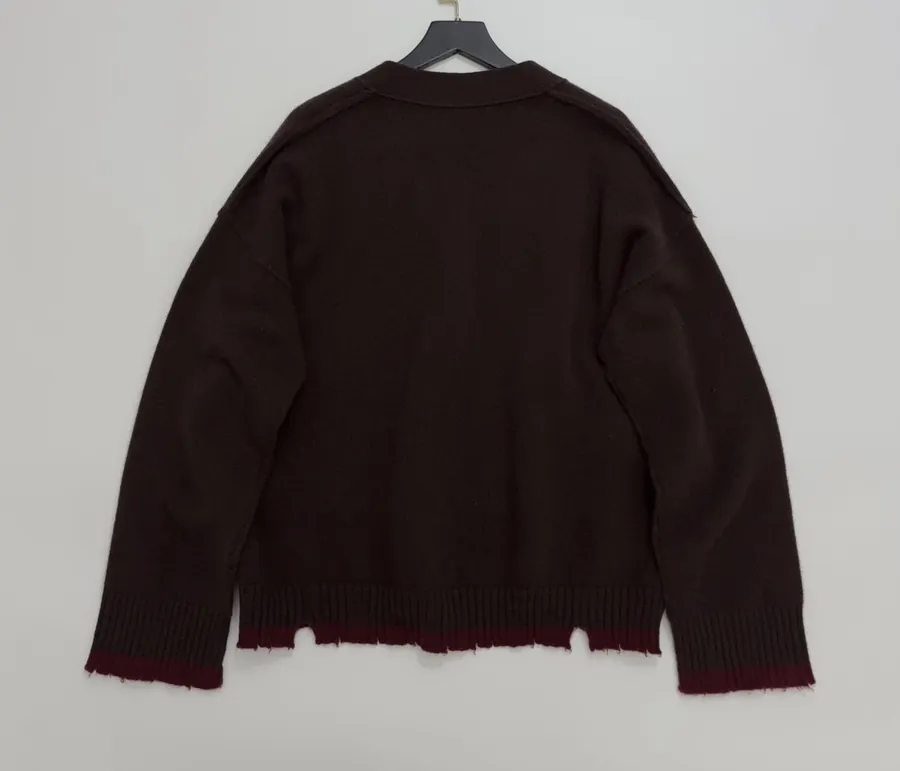 Color-Block Frayed Hem Ribbed V-Neck Open-Front Cashmere-Wool Blend Sweater in Burgundy, product view 14
