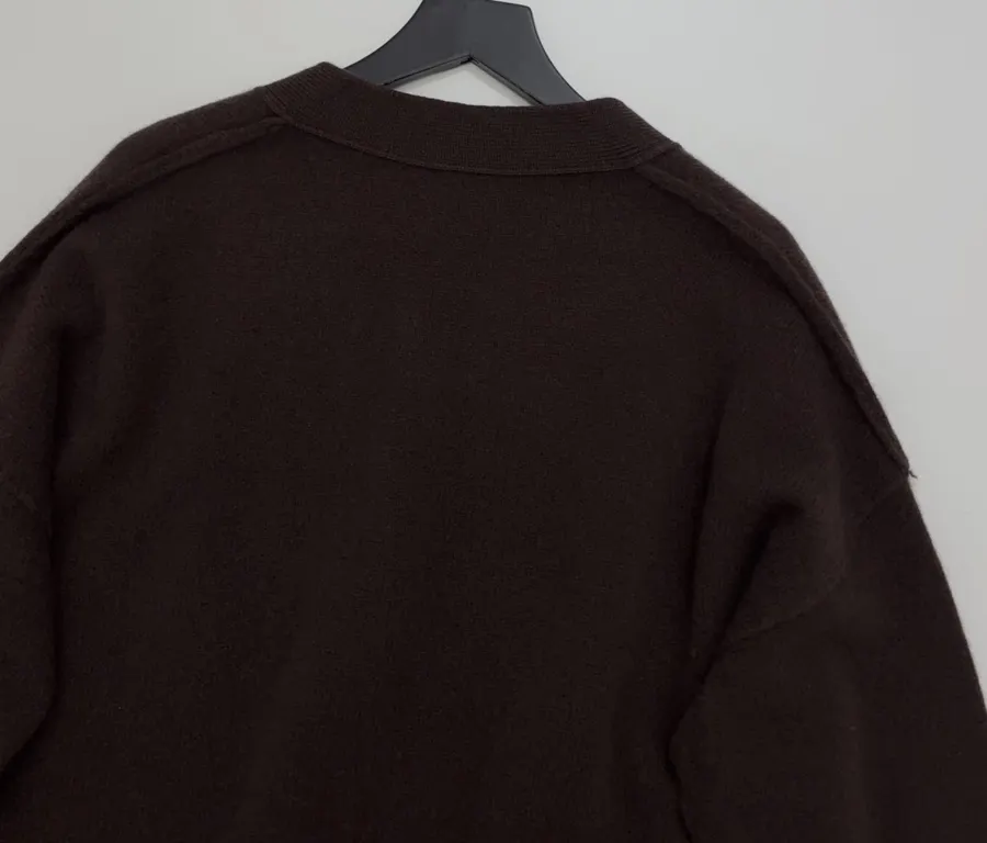 Color-Block Frayed Hem Ribbed V-Neck Open-Front Cashmere-Wool Blend Sweater in Burgundy, product view 15