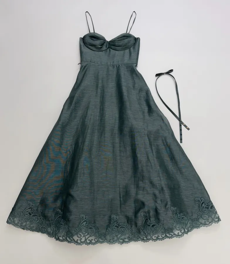 Lace-trimmed Corset-style Mid-length Dress in Teal, product view 01