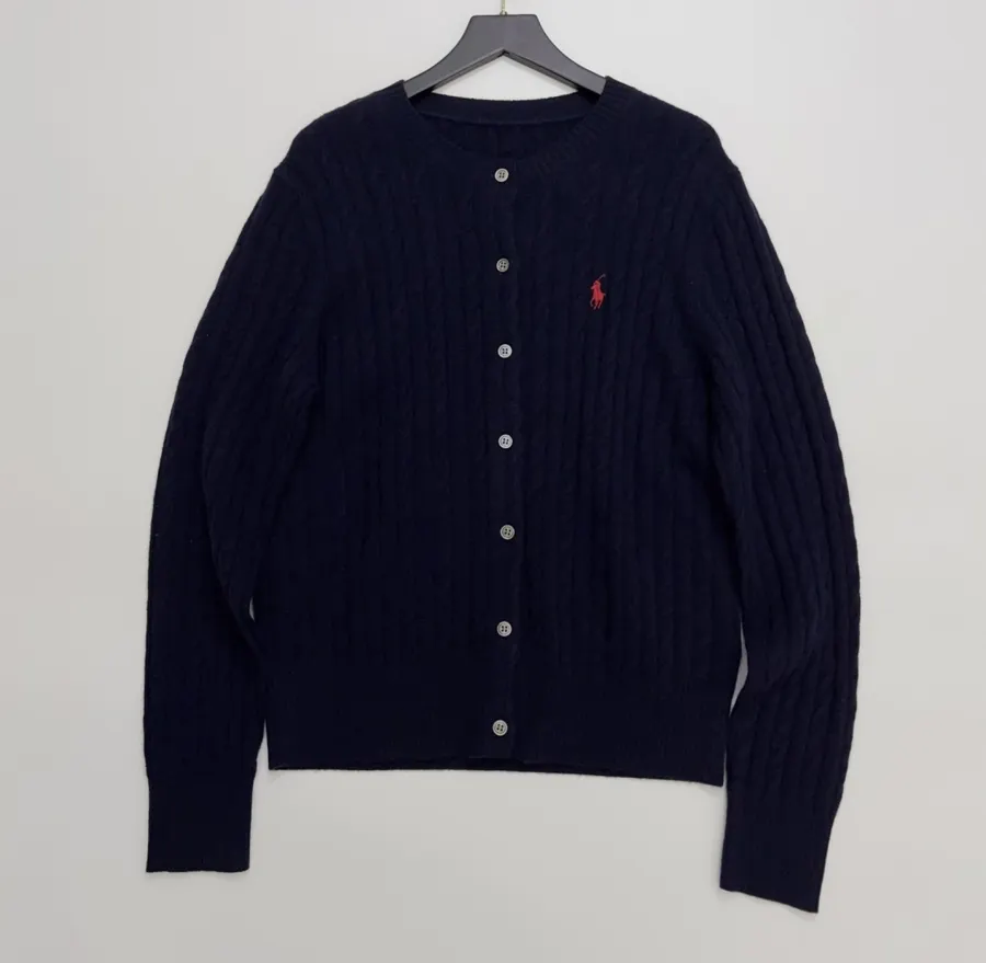 Navy Pony-Embroidered Cable-Knit Cardigan in Navy, product view 01