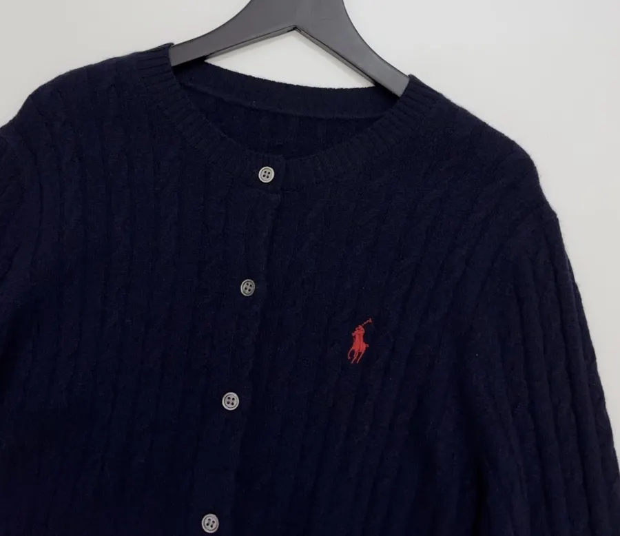Navy Pony-Embroidered Cable-Knit Cardigan in Navy, product view 02