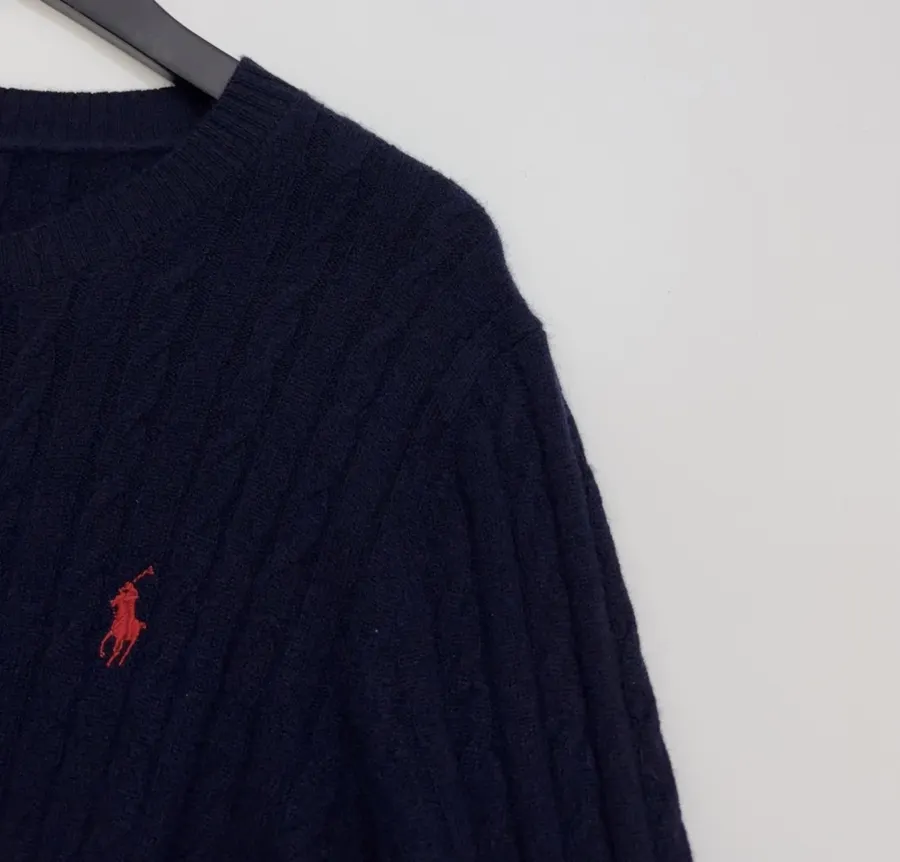 Navy Pony-Embroidered Cable-Knit Cardigan in Navy, product view 03