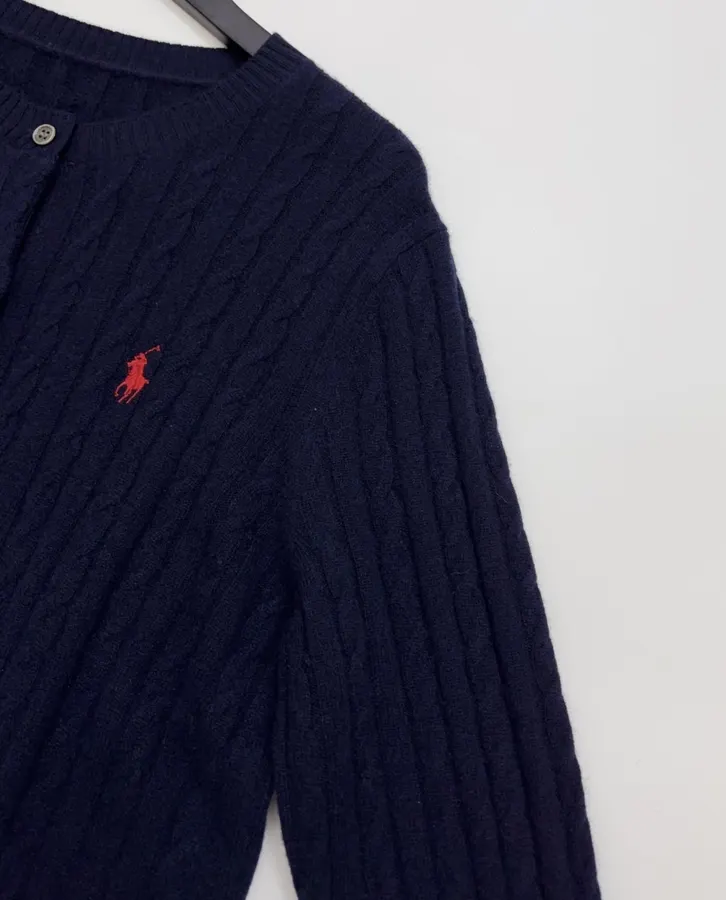 Navy Pony-Embroidered Cable-Knit Cardigan in Navy, product view 04