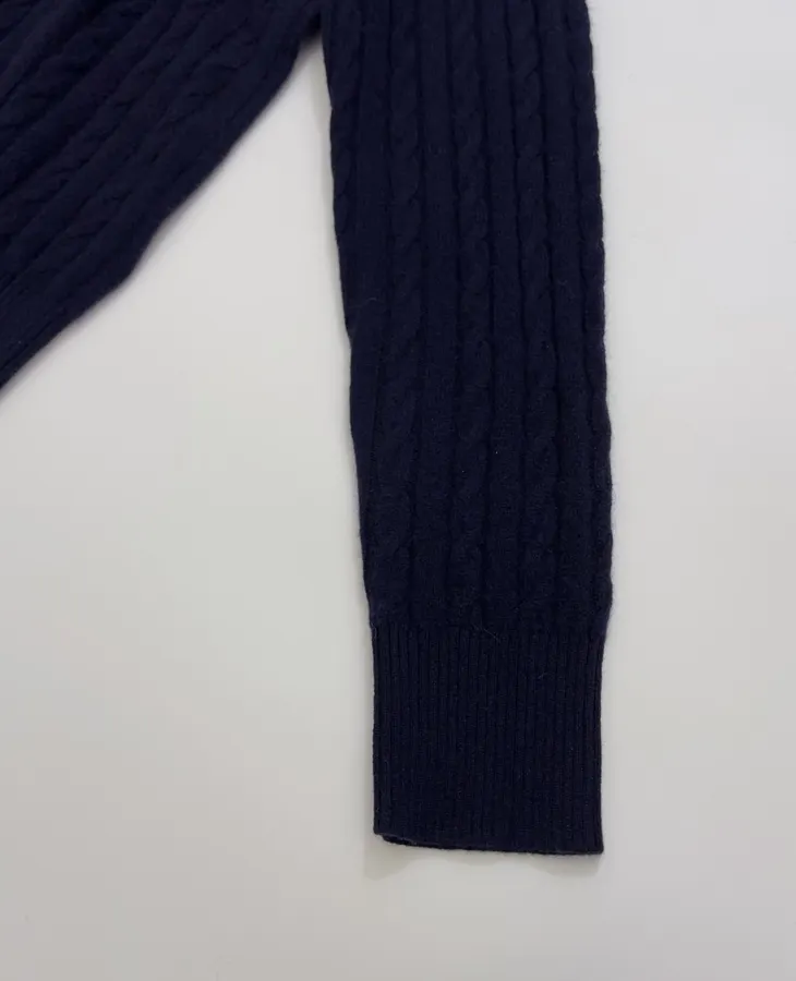 Navy Pony-Embroidered Cable-Knit Cardigan in Navy, product view 05