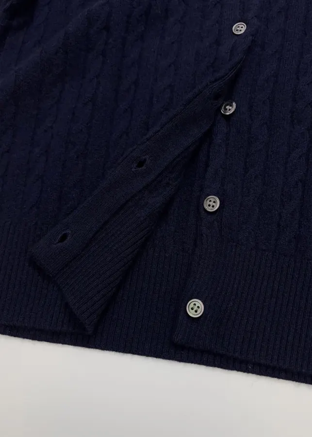 Navy Pony-Embroidered Cable-Knit Cardigan in Navy, product view 11