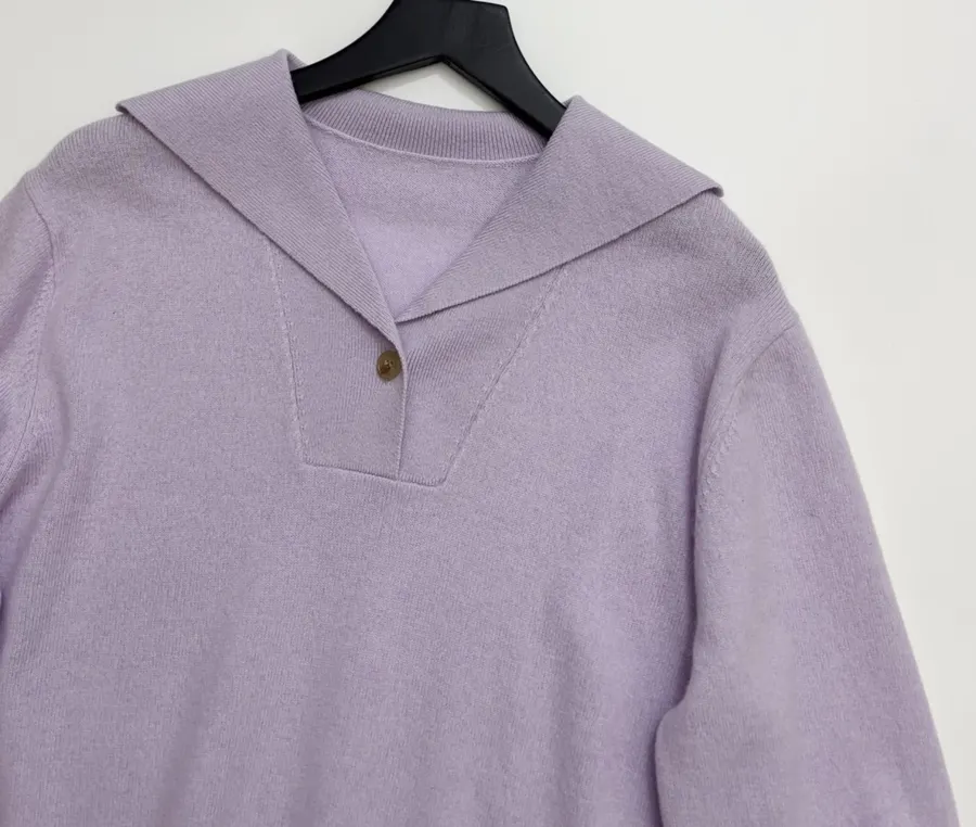 Macaron Cashmere Collared Long-Sleeve Knit Top in Lavender, product view 02