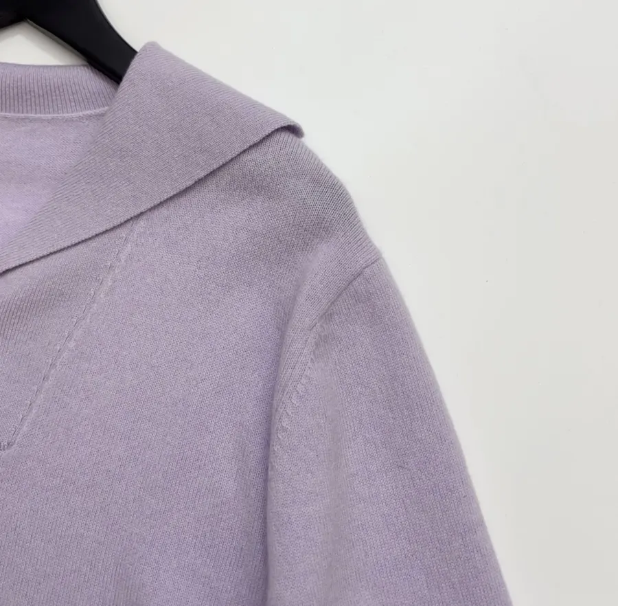 Macaron Cashmere Collared Long-Sleeve Knit Top in Lavender, product view 04