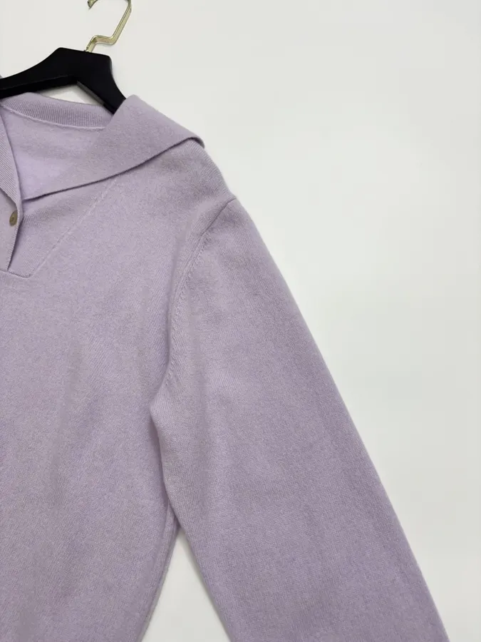 Macaron Cashmere Collared Long-Sleeve Knit Top in Lavender, product view 05