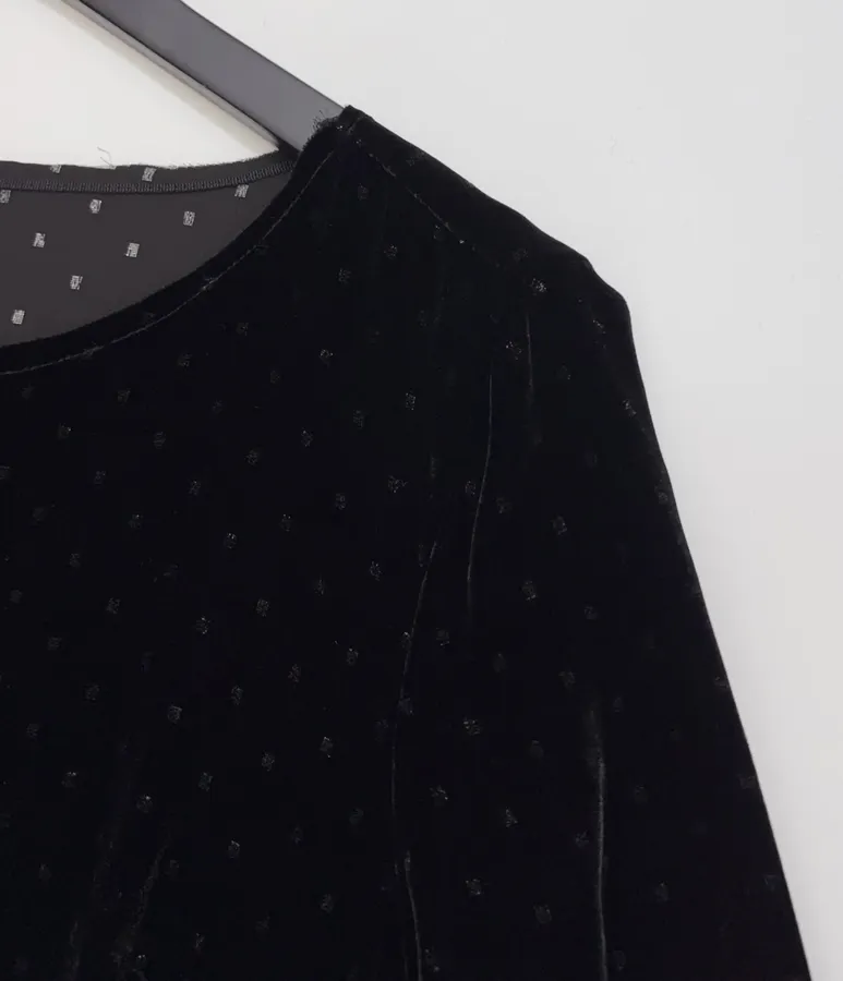 Retro Black Mulberry Silk Polka-dot Velvet Shirt in Black, product view 03