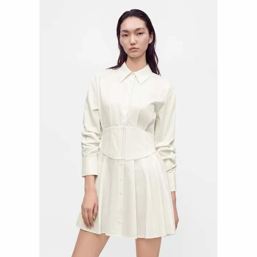 Ivory Corset-Style Collared Mini Dress in Off-White, product view 01