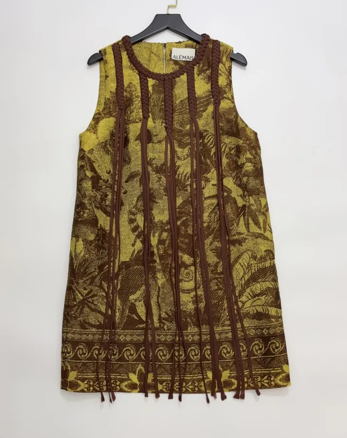 Sleeveless Straight-cut Short Dress Genuine Silk-Linen Weave Retro in Olive Green, product view 01