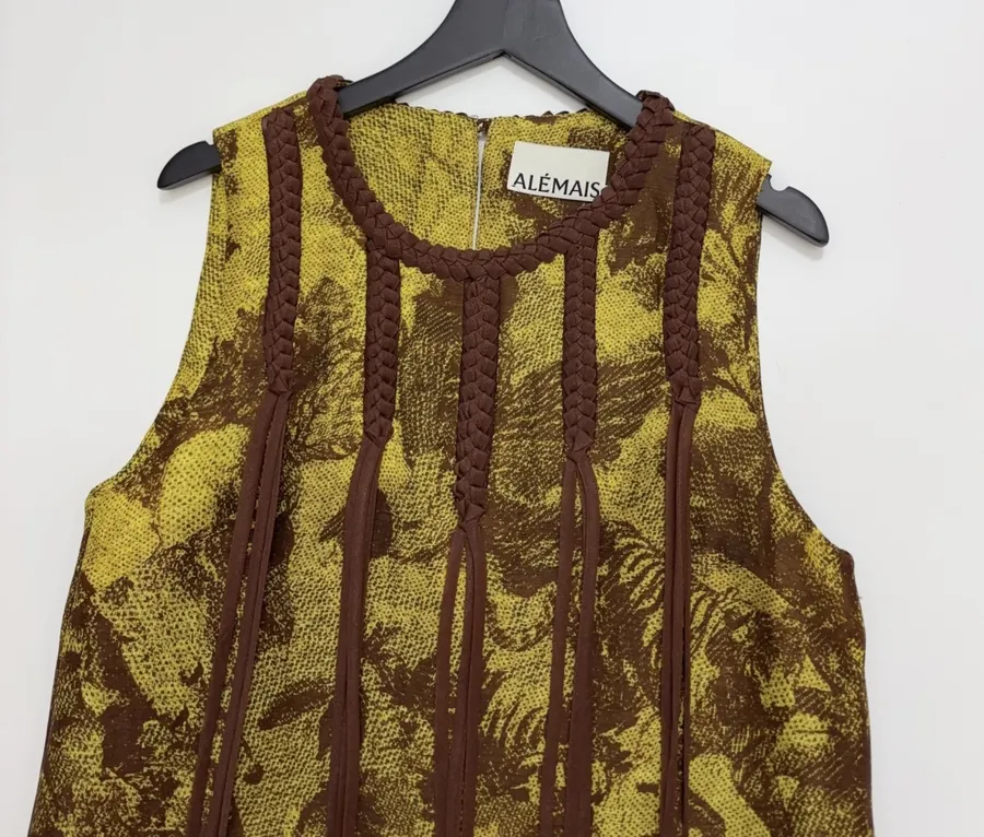 Sleeveless Straight-cut Short Dress Genuine Silk-Linen Weave Retro in Olive Green, product view 02
