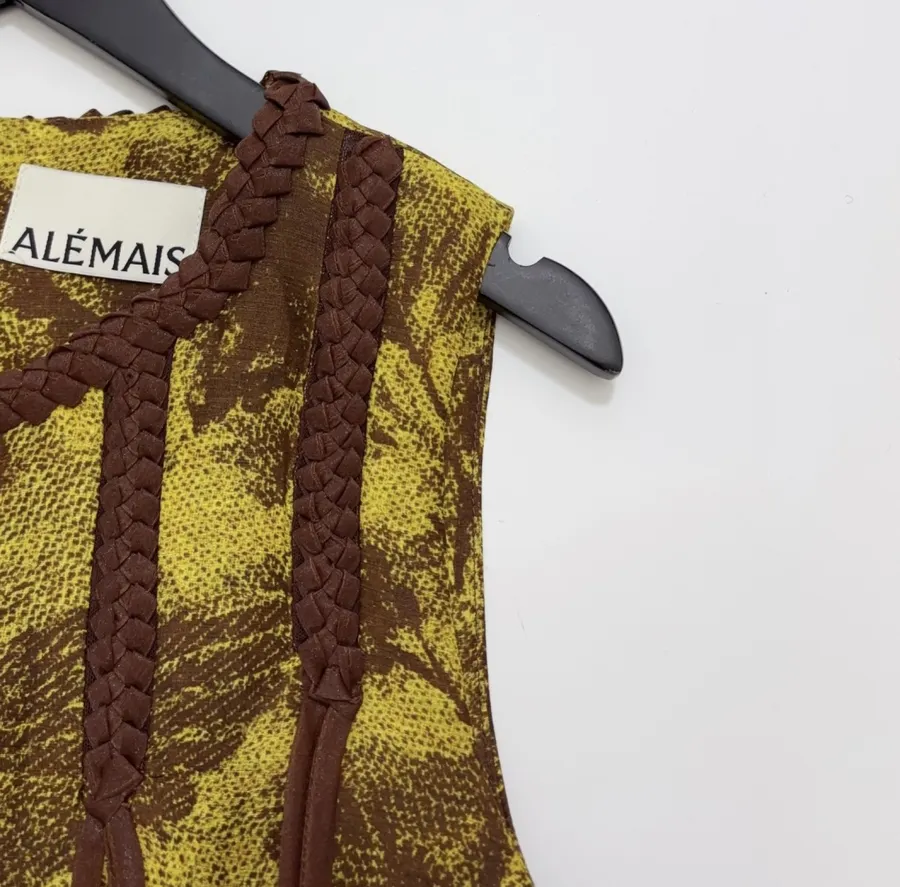Sleeveless Straight-cut Short Dress Genuine Silk-Linen Weave Retro in Olive Green, product view 03