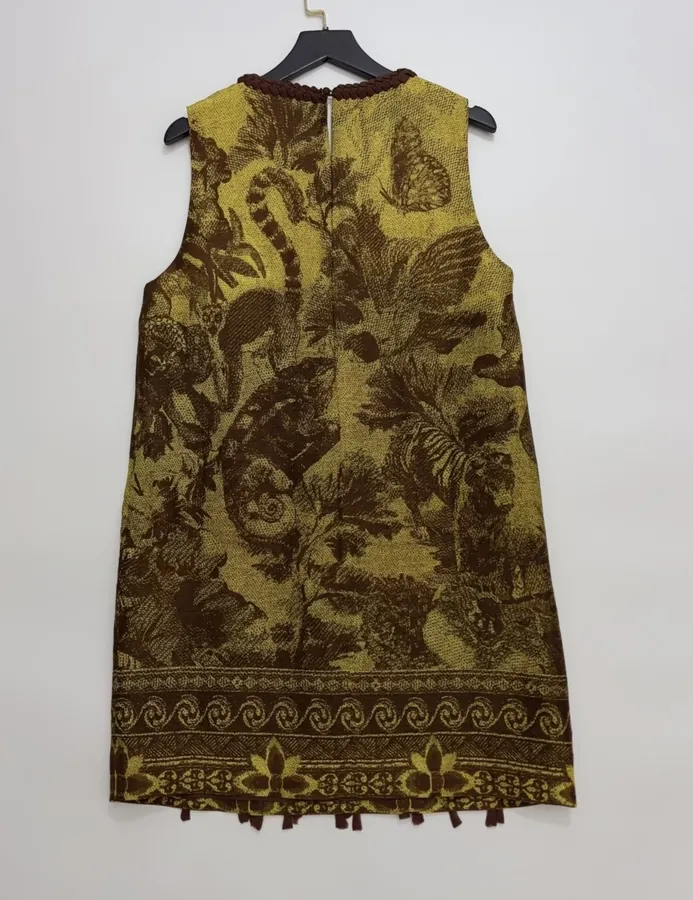 Sleeveless Straight-cut Short Dress Genuine Silk-Linen Weave Retro in Olive Green, product view 13