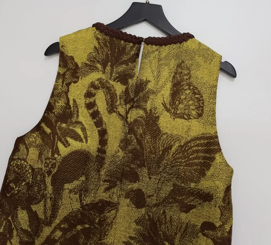 Sleeveless Straight-cut Short Dress Genuine Silk-Linen Weave Retro in Olive Green, product view 14