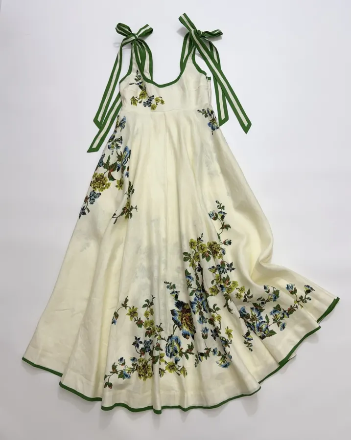 Ivory Floral Embroidered Tie-Strap Maxi Dress in Off-White, product view 01