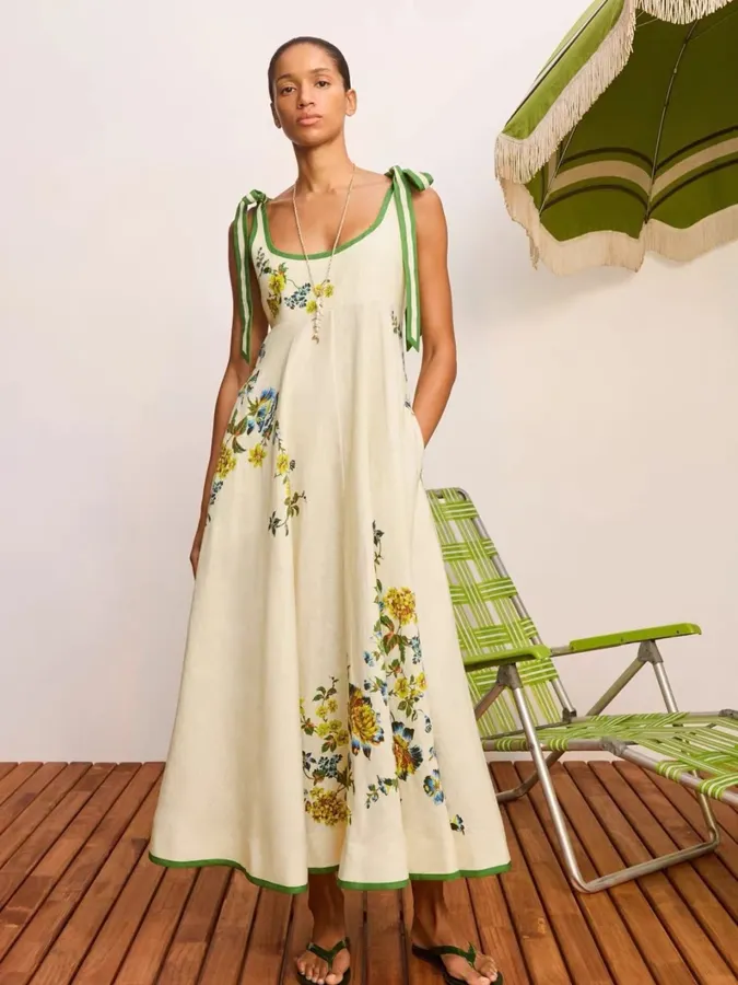 Ivory Floral Embroidered Tie-Strap Maxi Dress in Off-White, product view 21