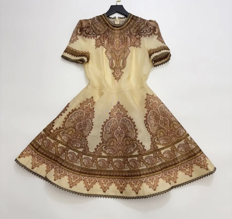 Cream Vintage Print Short-Sleeve Midi Dress in Apricot, product view 02