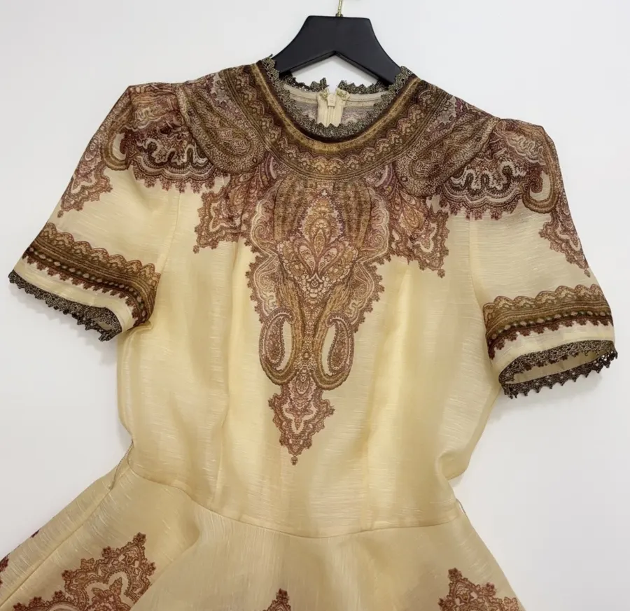 Cream Vintage Print Short-Sleeve Midi Dress in Apricot, product view 03