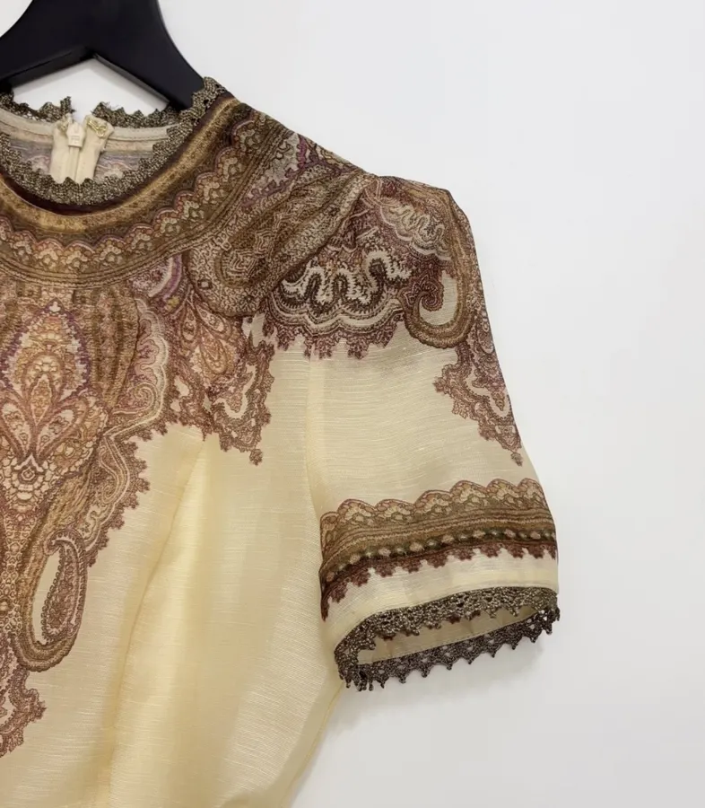 Cream Vintage Print Short-Sleeve Midi Dress in Apricot, product view 04