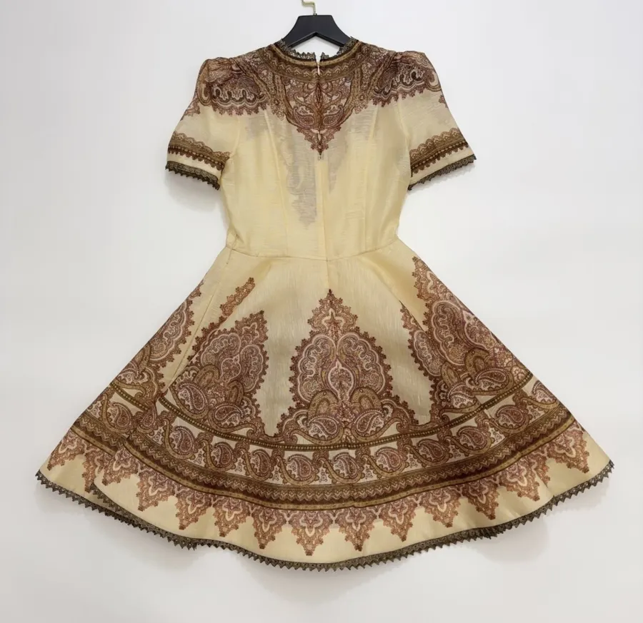 Cream Vintage Print Short-Sleeve Midi Dress in Apricot, product view 17