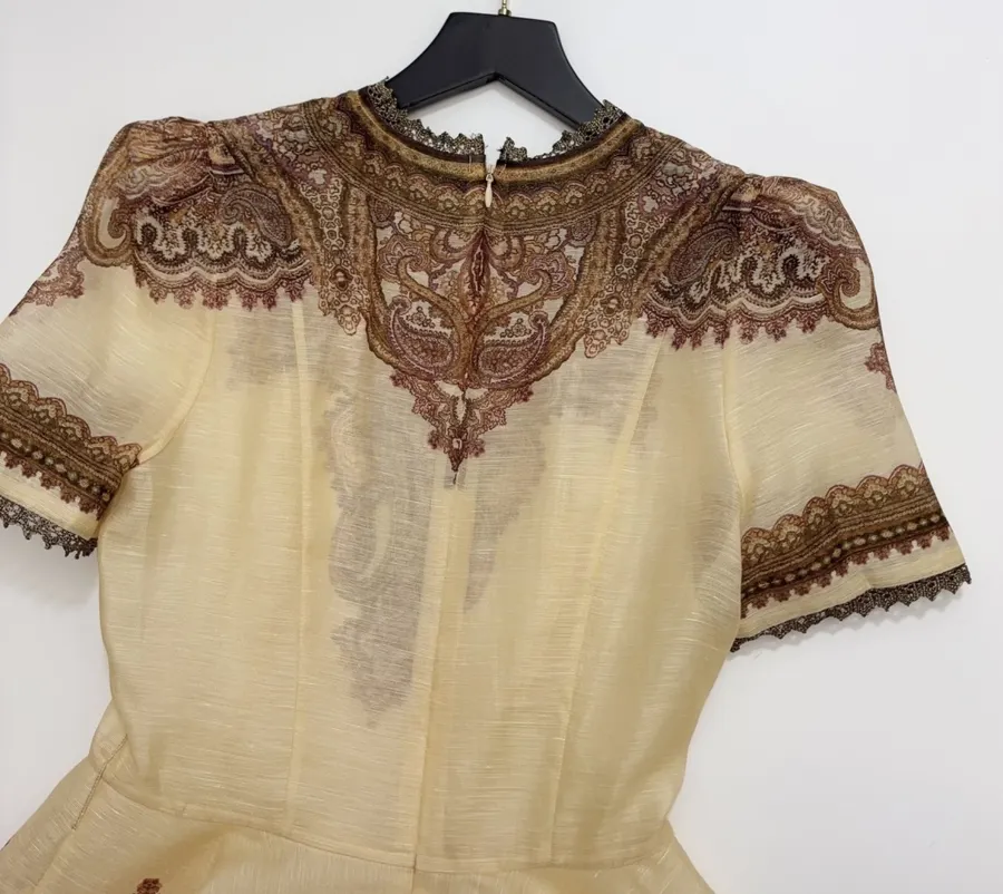 Cream Vintage Print Short-Sleeve Midi Dress in Apricot, product view 18