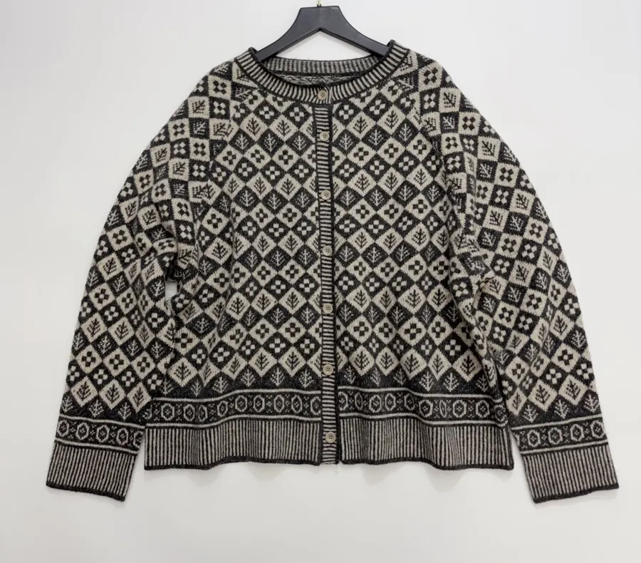 Tree Jacquard Crew-Neck Wool Cardigan in Black and White, product view 01