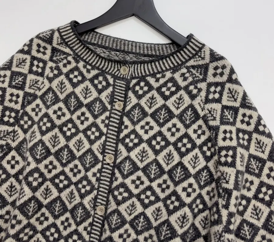 Tree Jacquard Crew-Neck Wool Cardigan in Black and White, product view 02