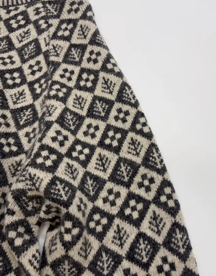 Tree Jacquard Crew-Neck Wool Cardigan in Black and White, product view 04
