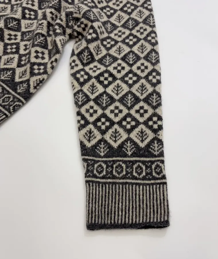 Tree Jacquard Crew-Neck Wool Cardigan in Black and White, product view 05