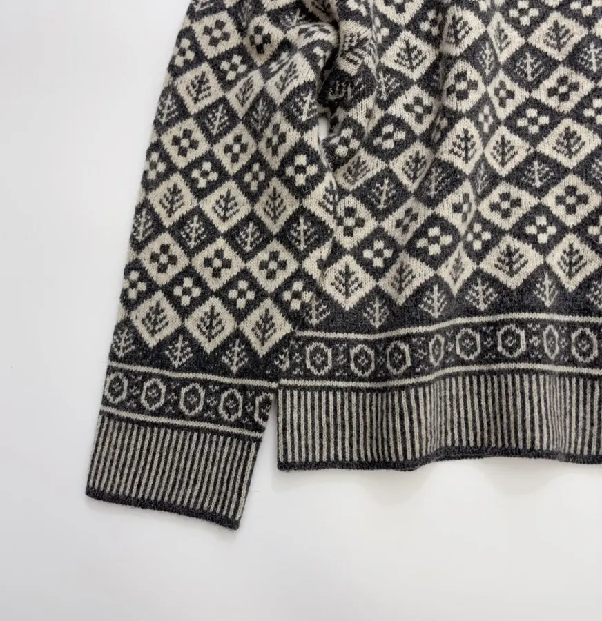 Tree Jacquard Crew-Neck Wool Cardigan in Black and White, product view 08